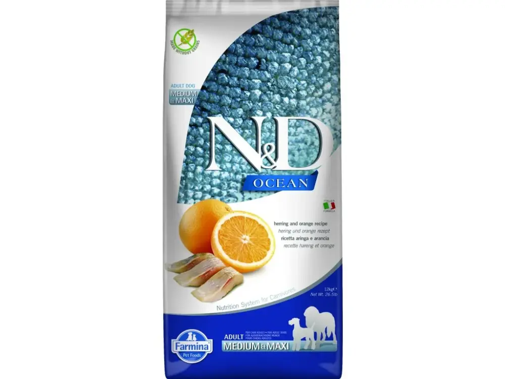Sezónní Sleva N&D OCEAN DOG Adult M/L Herring & Orange 12kg+ Dáreček k objednávce