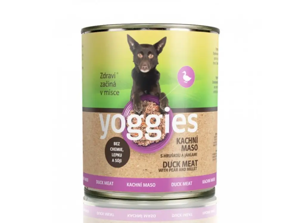 Sleva Yoggies konzerva Kachní maso s hruškou a jáhlami 800g