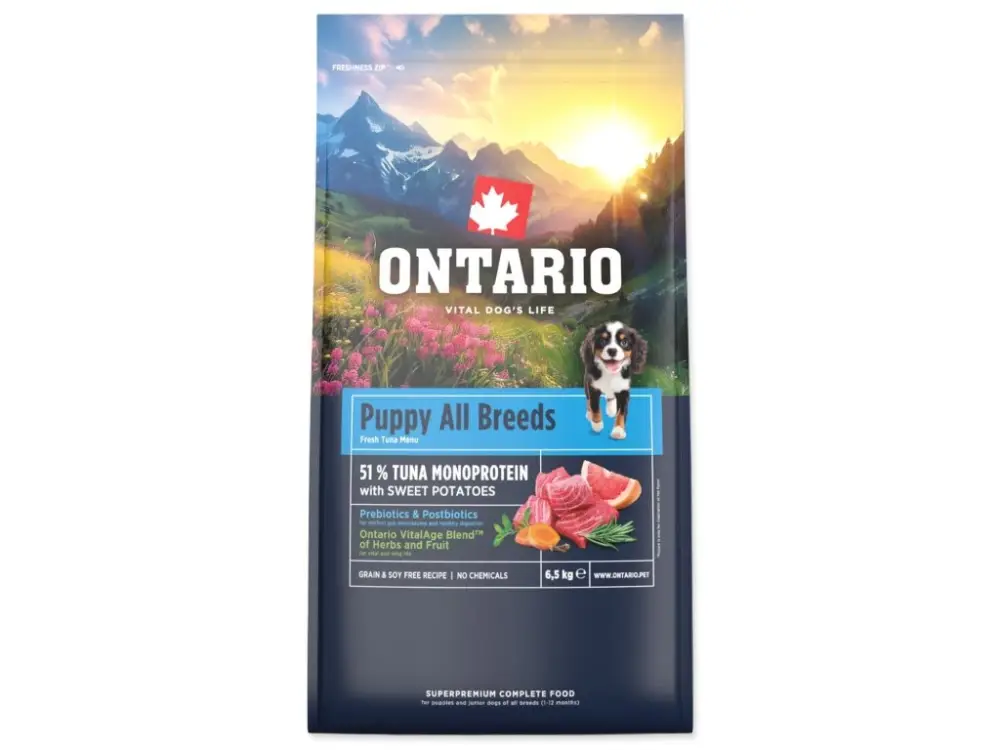 NOVÉ - Krmivo Ontario Puppy & Junior All Breeds Monoprotein Tuna & Sweet Potatoes 6,5kg Akční Nabídka