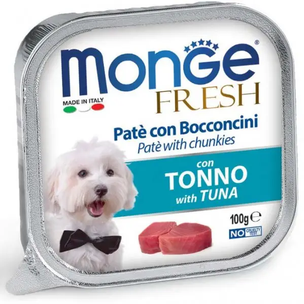 Zlevněný MONGE FRESH - paštika a kousky s tuňákem 100 g pro psy