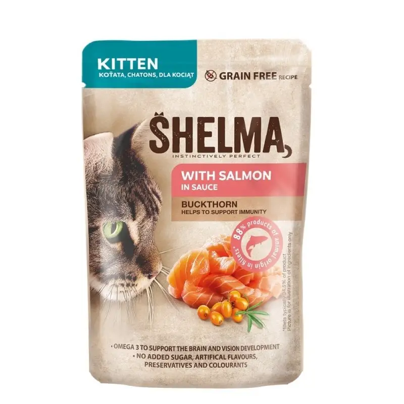 SHELMA Cat Kitten losos a rakytník v omáčce, kapsa 85 g Nová Kolekce