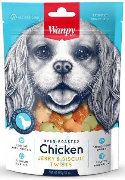 Wanpy Dog Chicken Jerky & Biscuit Twists 100 g Sleva