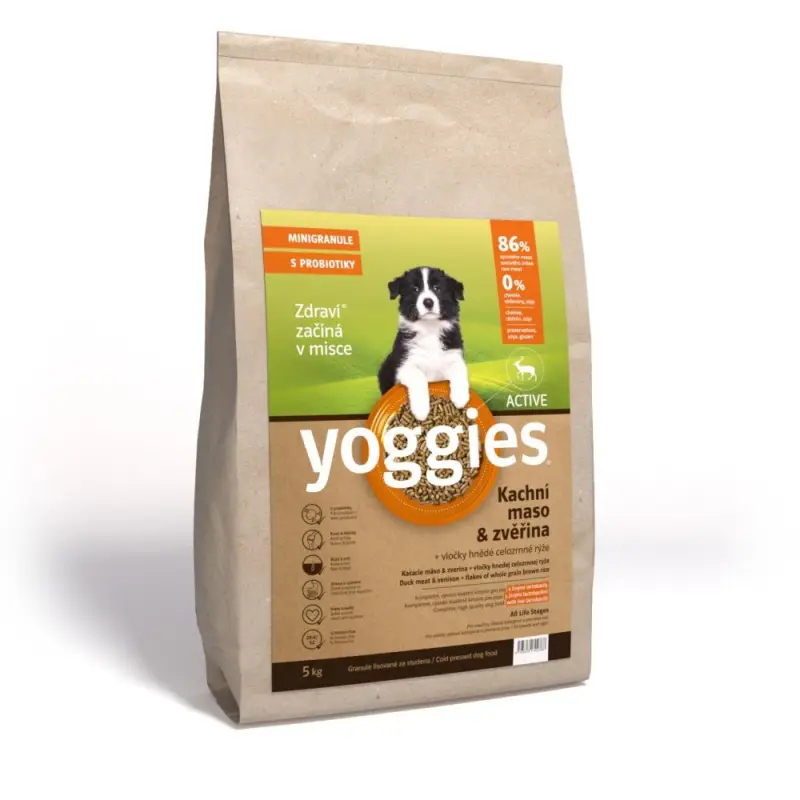 Horká Nabídka Yoggies Active MINIGRANULE skachnou a zvěřinou 5 kg+ dárek Kostičky masové 10ks