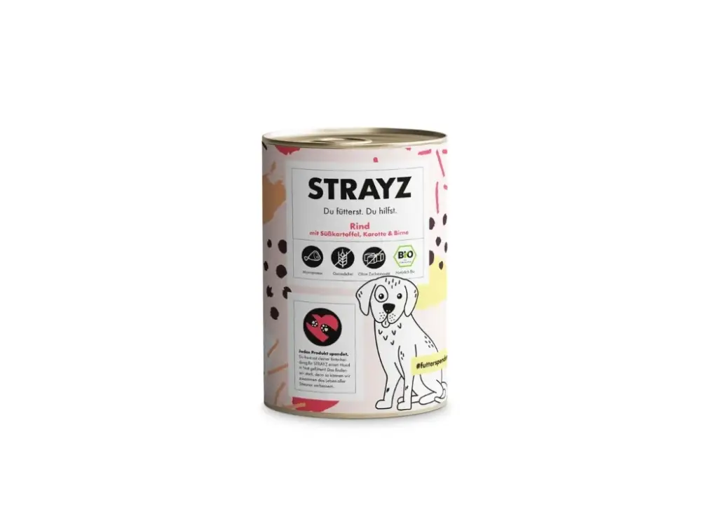 Nová Kolekce STRAYZ Konzerva pro psy hovězí batáty mrkev a hruška 400 g bio