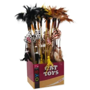 Ověřený Hračka Magic Cat šidítko myška s pírky bavlna s catnip 20cm+46cm 24ks