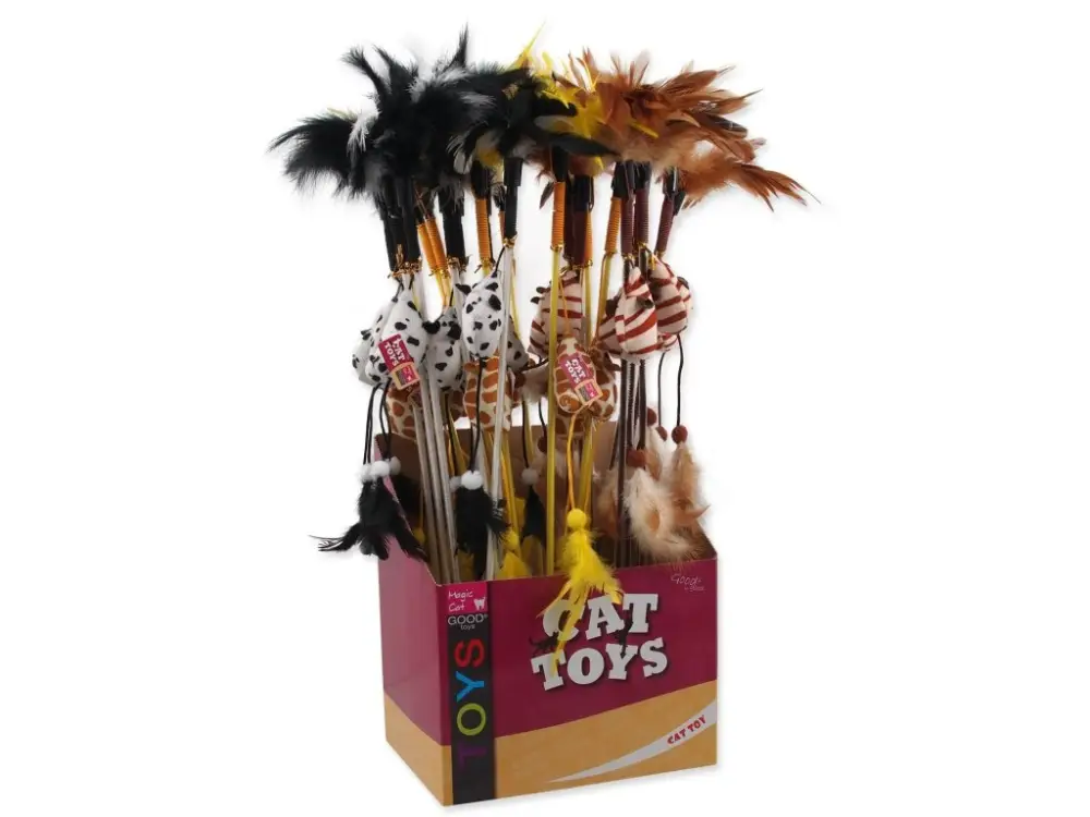 Ověřený Hračka Magic Cat šidítko myška s pírky bavlna s catnip 20cm+46cm 24ks