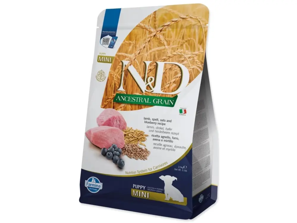 Finální Výprodej Krmivo N&D Dog Puppy Mini Ancestral Grain Lamb, Spelt, Oats & Blueberry 2,5kg