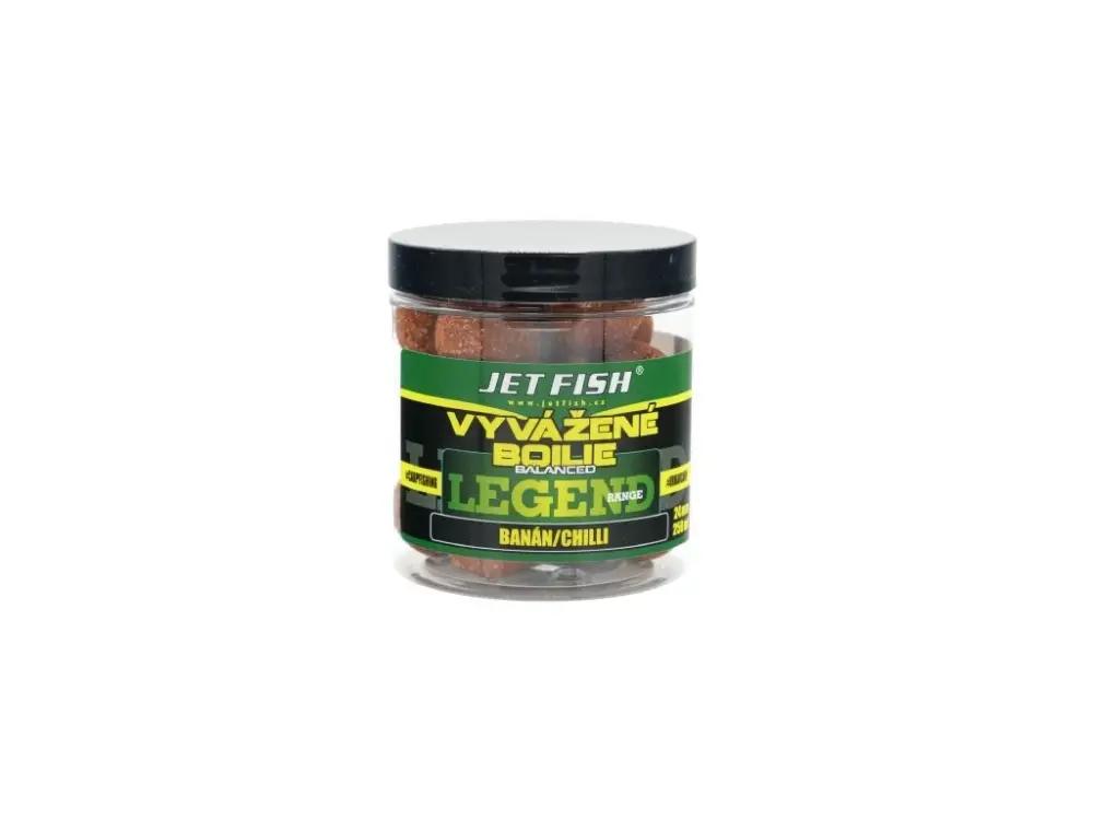 Akční Nabídka Jet Fish Legend range Vyvážené boilie BANÁN CHILLI 24mm 250ml