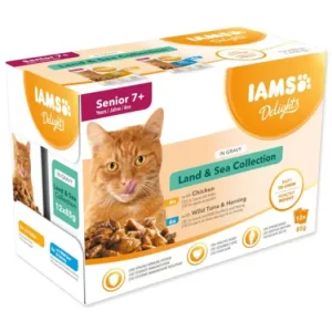 Nejprodávanější IAMS Delights Senior mořské a suchozemské maso v omáčce 1020g (12x85g)