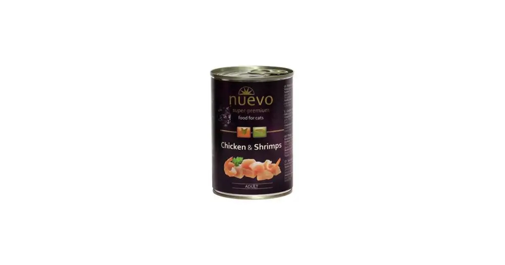 Nuevo kočka adult Kuře a krevety konzerva 400g Výprodej