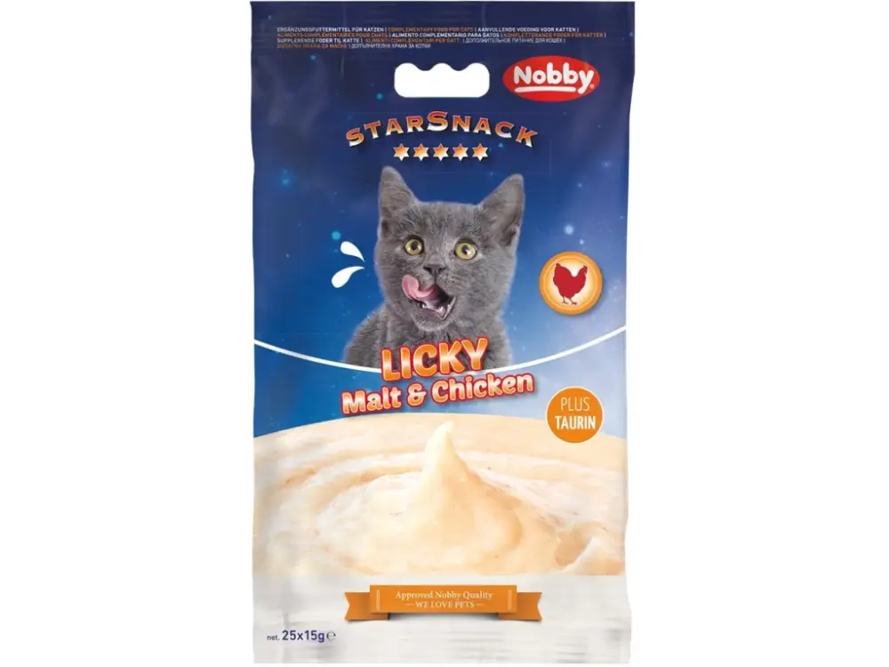 Horká Nabídka Nobby Starsnack Licky Cat Masové pyré kuřecí se sladem 25x15g