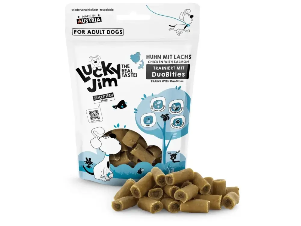 Lucky Jim DuoBities kuře s lososem 70 g Nízká Cena