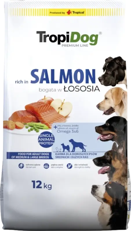 Hit Sezóny TropiDog Premium Adult MEDIUM & LARGE BREEDS – Rich v lososu, s rýží 12kg