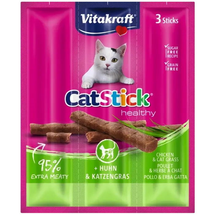 VITAKRAFT Cat Stick Kabanosy s kuřecím masem a trávou pro kočky 3x18g Akce