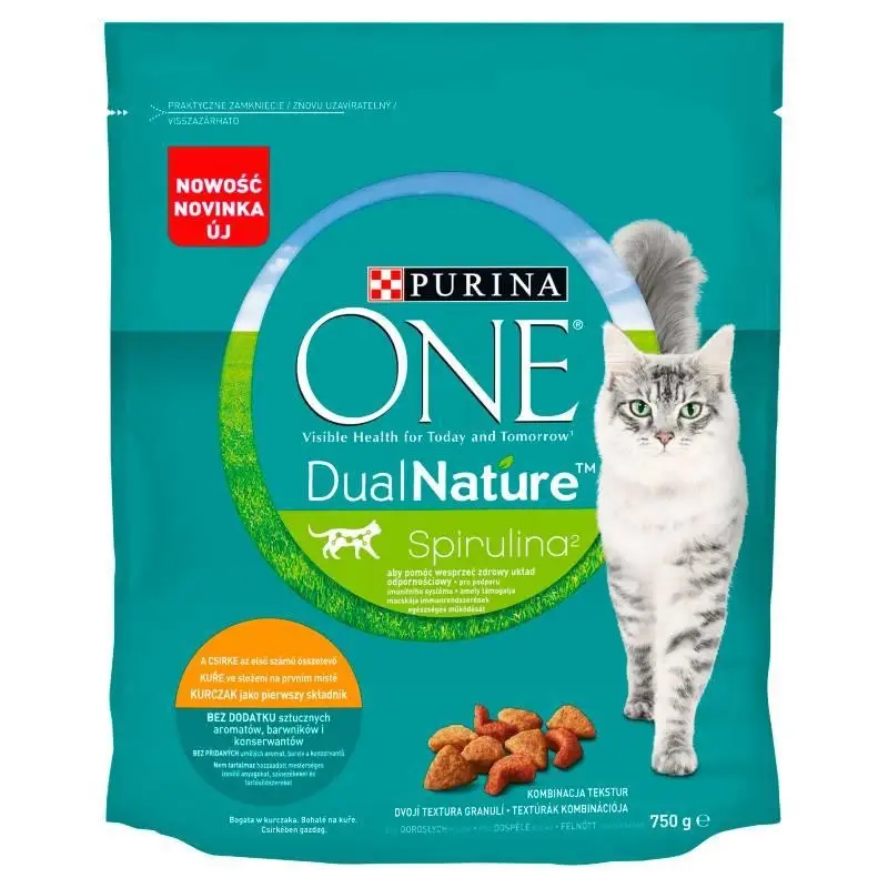 Omezená Nabídka Purina One Dual Nature Spirulina krmivo pro dospělé kočky s kuřecím masem 750g