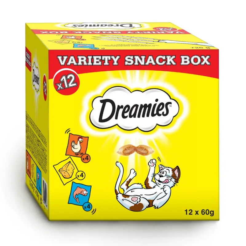 Ihned K Objednání DREAMIES™ Variety Snack Box doplněk stravy pro kočky (příchuť kuřecí, sýr a losos) - 12x60g