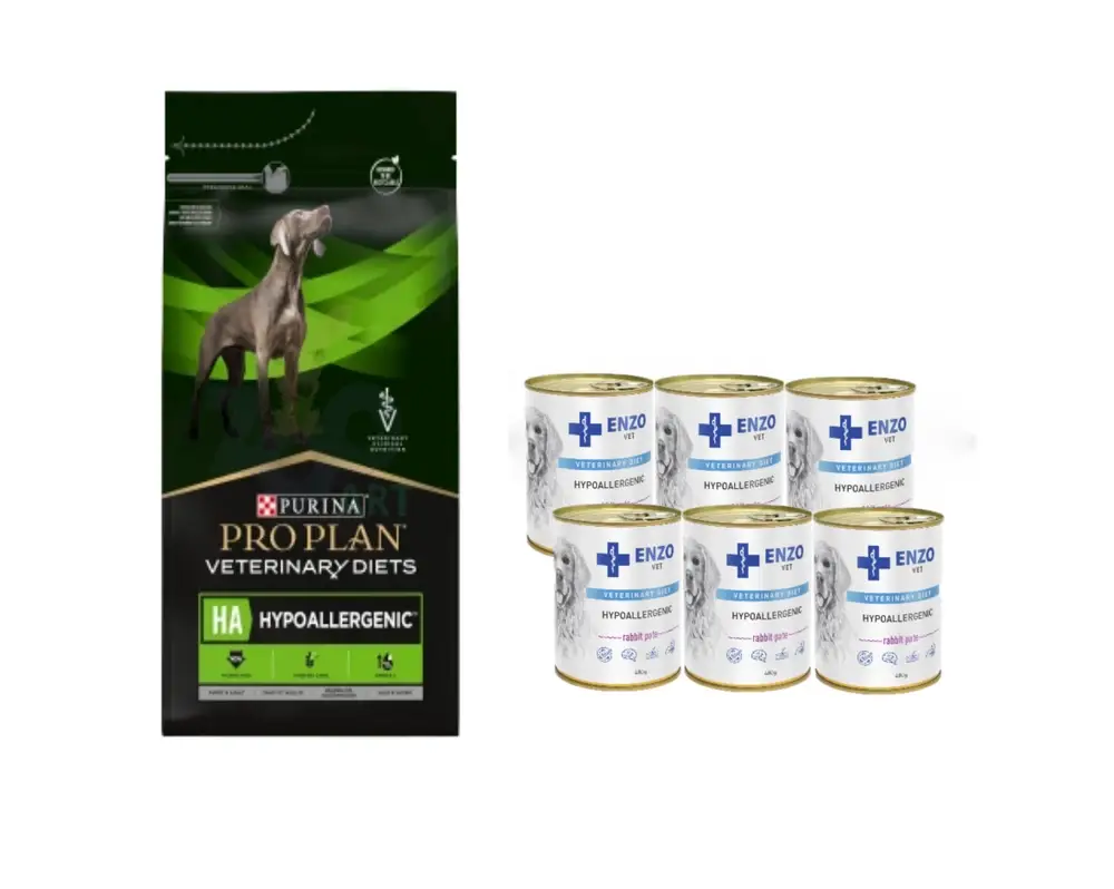 Cenová Bomba PURINA VeterinaryHA Hypoallergenic Dog 3kg + ENZO VET Hypoallergenic 6x400g (králík)