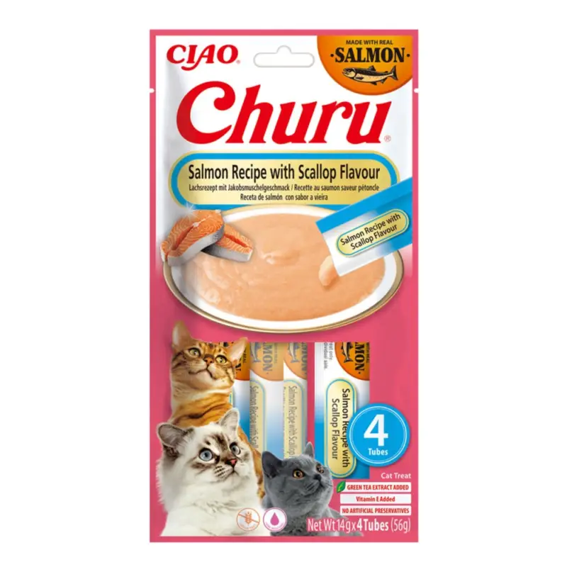 Nejprodávanější INABA CAT CHURU Losos s mušlemi 4x14g