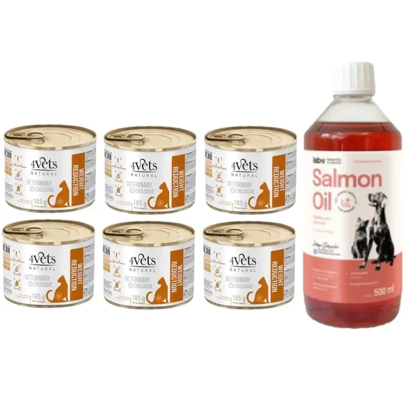 4Vets Cat Weight Reduction 6x185g + LAB V Lososový olej 500ml Akční Nabídka