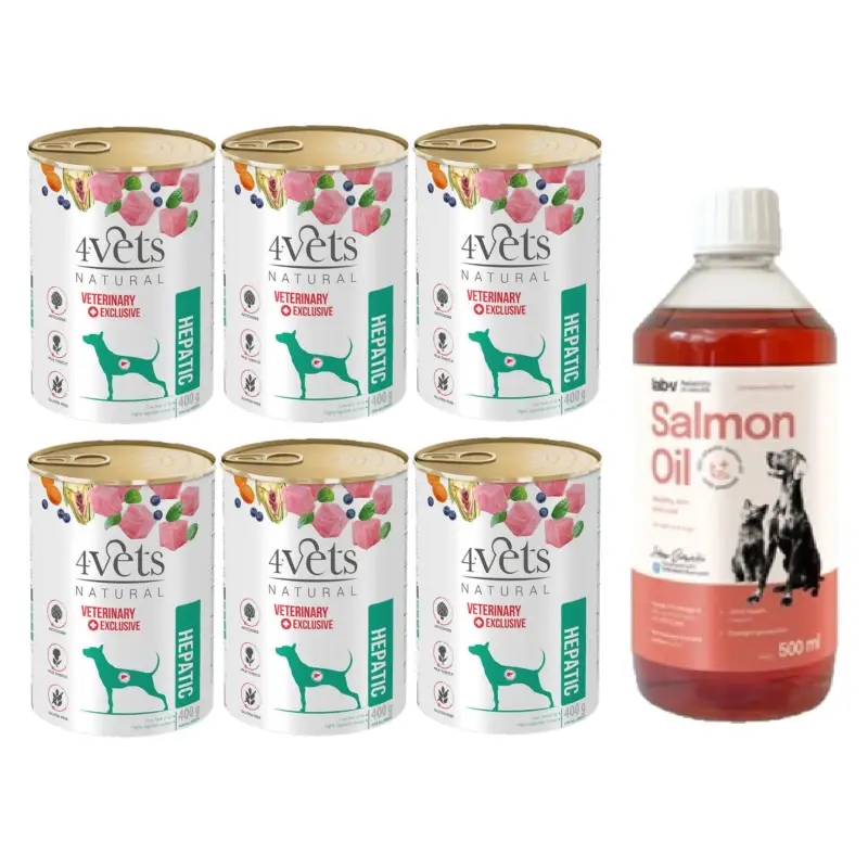 Originální 4Vets pro psy Hepatic 6x400g + LAB V Lososový olej 500ml