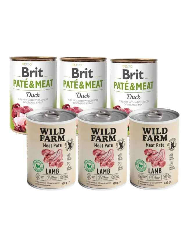 Akční Nabídka BRIT PATE & MEAT DUCK 3x400g + Wild Farm Pate Lamb 3x400 g bezlepkové krmivo pro psy