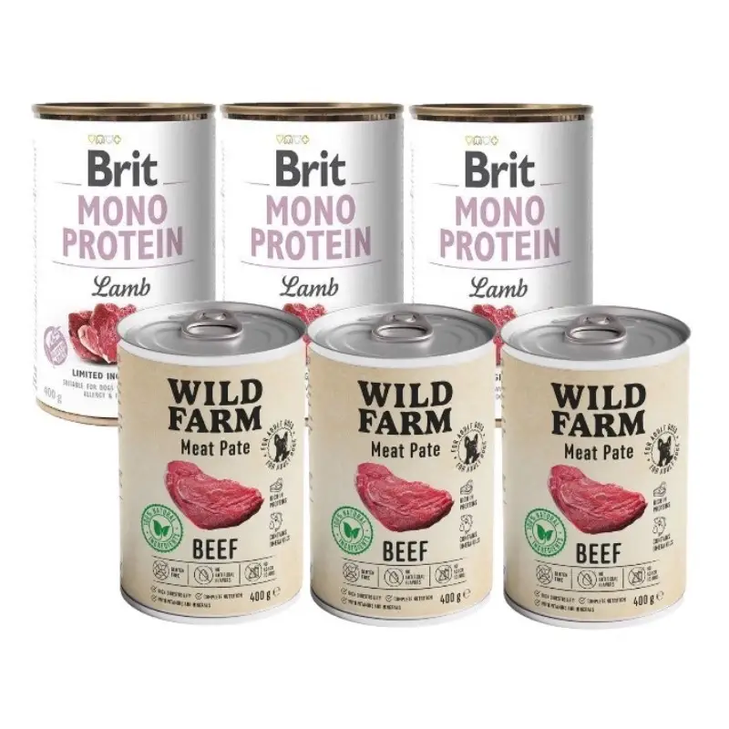 Super Cena BRIT MONO PROTEIN LAMB 3x400g & WILD FARM Pate Beef 3x400g bezlepkové krmivo pro psy