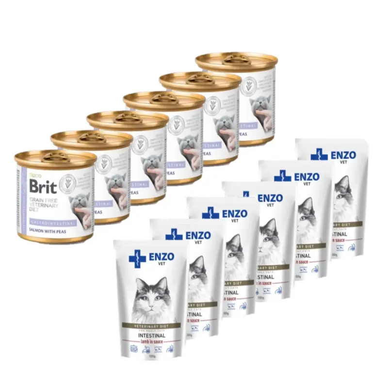 Brit gf veterinary diets cat Gastrointestinal 6x200g + ENZO VET Intestinal s jehněčím masem v omáčce pro kočky 6x100g Sleva
