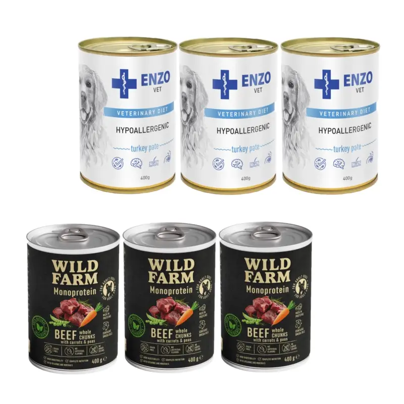Wild Farm Monoprotein Beef 3x400g hypoalergenní + ENZO VET Hypoallergenic s krůtím masem pro psy 3x400g Odeslání Ihned