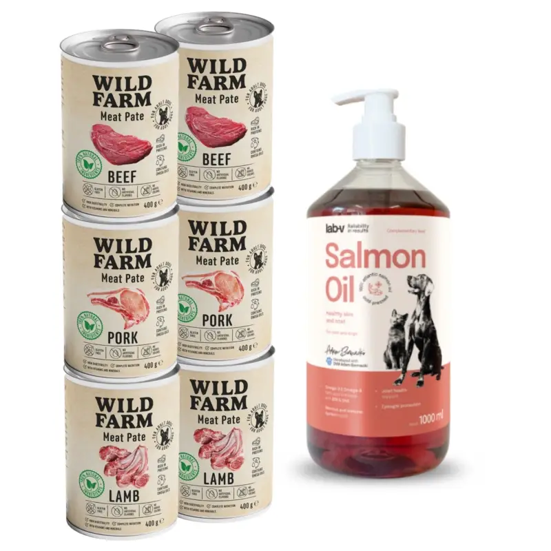 Výhodná Nabídka Wild Farm bezlepkové krmivo pro psy Mix chutí 6x400g & LAB V Lososový olej 1000ml