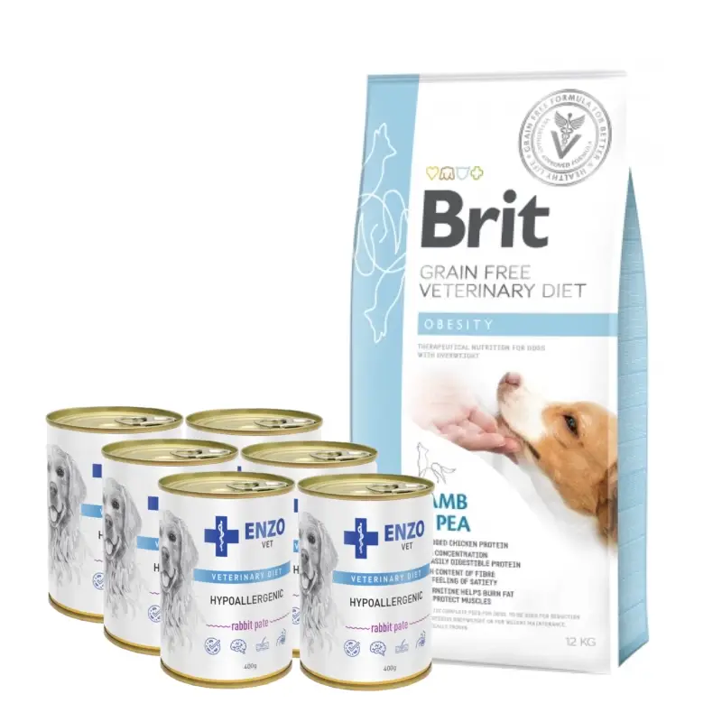 Oblíbený Brit GF veterinární krmivo pro psy Obesity 12 kg + ENZO VET Hypoallergenic 6x400 g