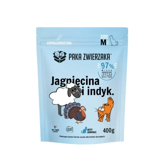 Oblíbený Paka Zwierzaka - Suché krmivo pro kočky jehněčí a krůtí ''M'' 400g