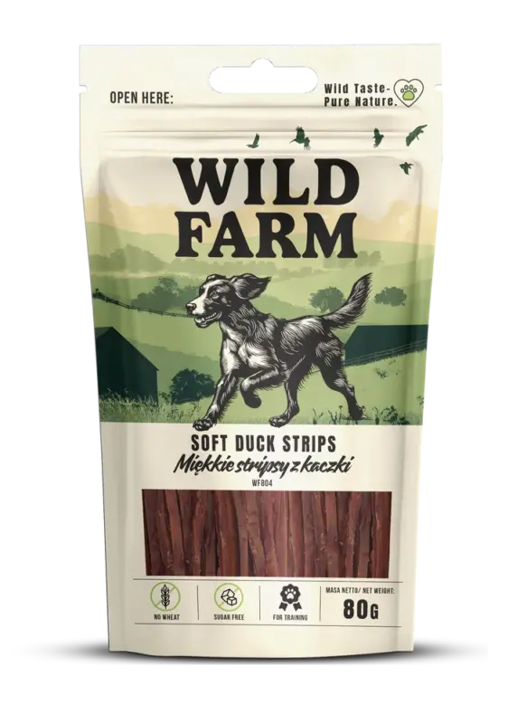 Tovární Cena WILD FARM Měkké kachní proužky 80g pamlsky pro psy