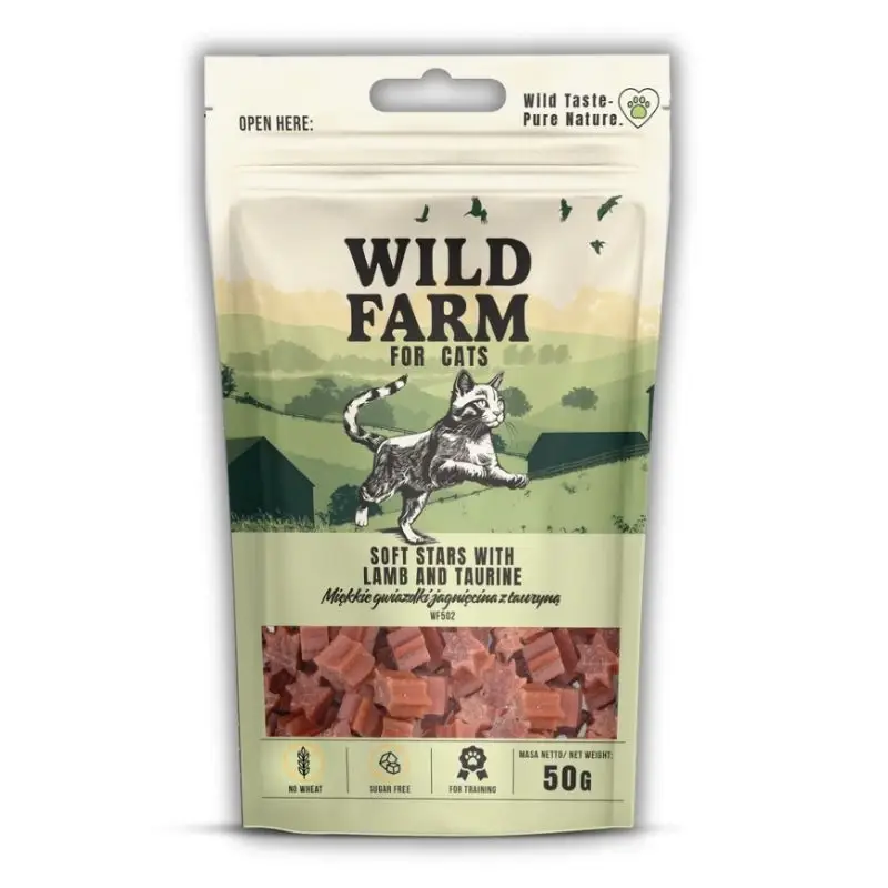 WILD FARM hvězdičky jehněčí maso s taurinem 50 g pamlsek pro kočky Značkový