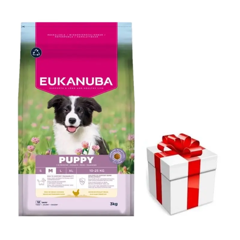 EUKANUBAGrowing Puppy Medium Breed Chicken 3kg + překvapení pro vašeho psa ZDARMA Novinka