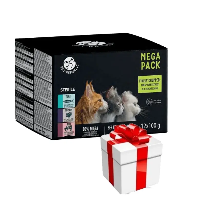 PetRepublic mokré krmivo pro kočky po sterilizaci kousky v jemné omáčce MIX 3 příchutě 12x100g + překvapení pro kočku ZDARMA Finální Výprodej