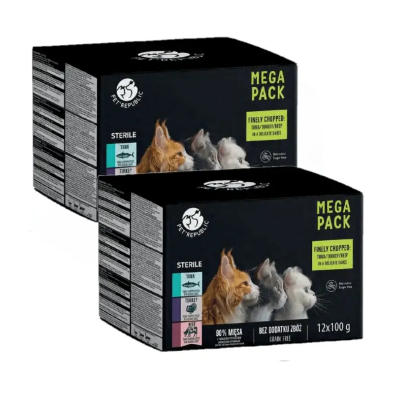 Must-Have PetRepublic mokré krmivo pro kočky po sterilizaci kousky v jemné omáčce MIX 3 příchutě 24x100g