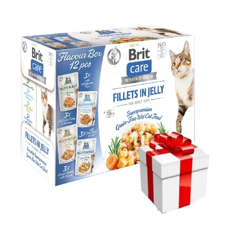 Autentický BRIT CARE Cat Fillets in Jelly mix 12x85g + překvapení pro kočku ZDARMA