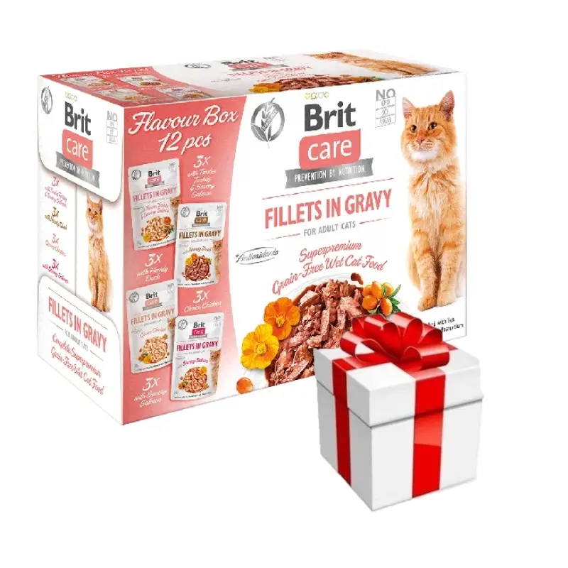 Autentický BRIT CARE Cat Fillets in Gravy mix 12x85g + překvapení pro kočku ZDARMA