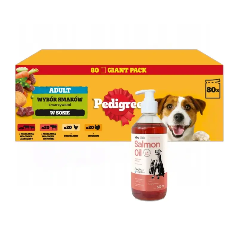 PEDIGREE® Adult Mokré krmivo pro dospělé psy, Výběr chutí v omáčce, 80x100g + Lab-v Lososový olej 500 ml Vrácení Zdarma