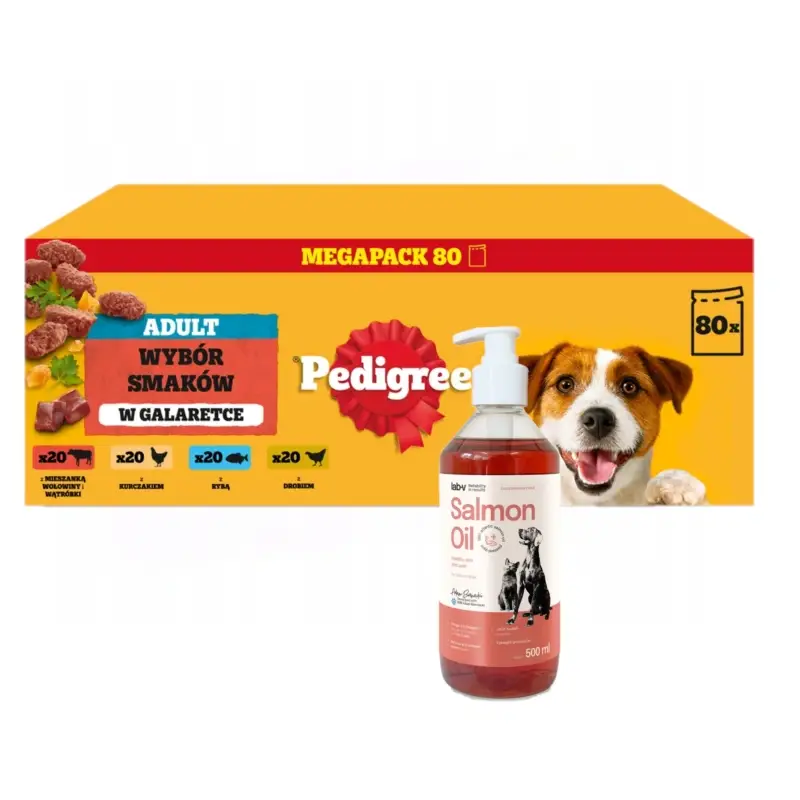 Nakupujte Hned PEDIGREE® Adult Mokré krmivo pro dospělé psy, Výběr chutí v želé, sáček 80x100g + Lab-v Lososový olej 500 ml