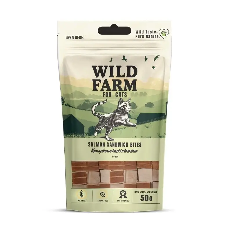 Bezpečná Platba WILD FARM Kousky se lososem 50 g pamlsek pro kočky