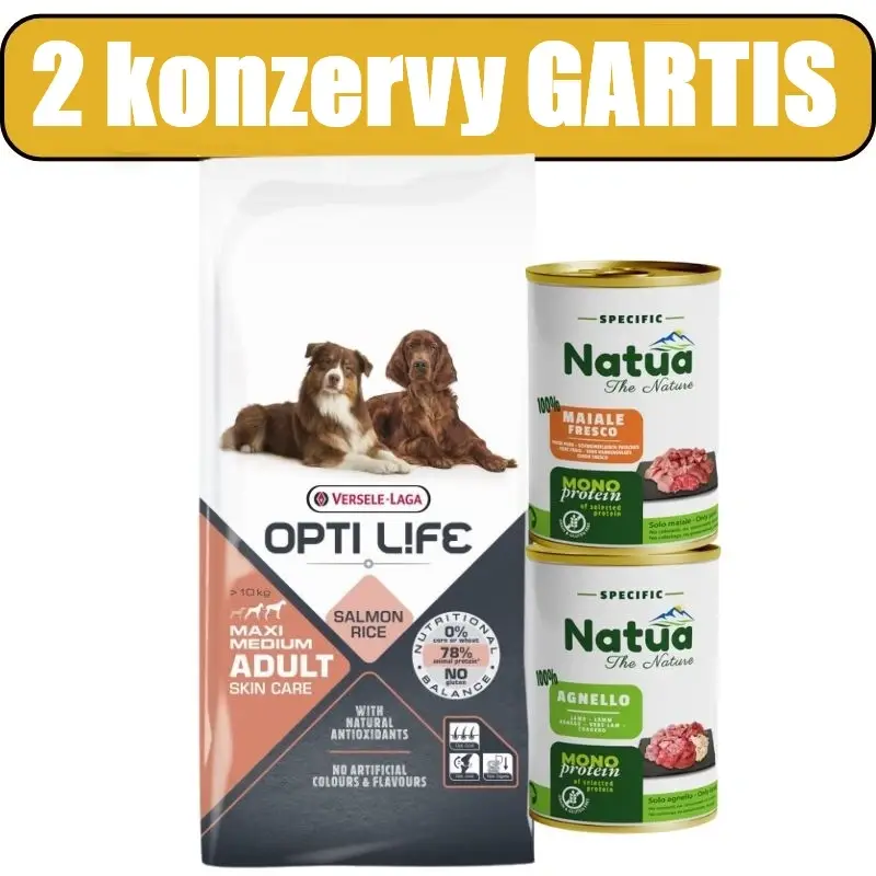 Kup Teď VERSELE-LAGA Opti Life Adult Skin Care Medium&Maxi 12,5kg + konzervy Natua 2×400g