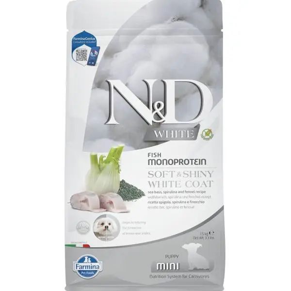 Finální Výprodej N&D WHITE Dog GF Sea Bass, Spirulina & Fennel Puppy Mini 1,5 kg